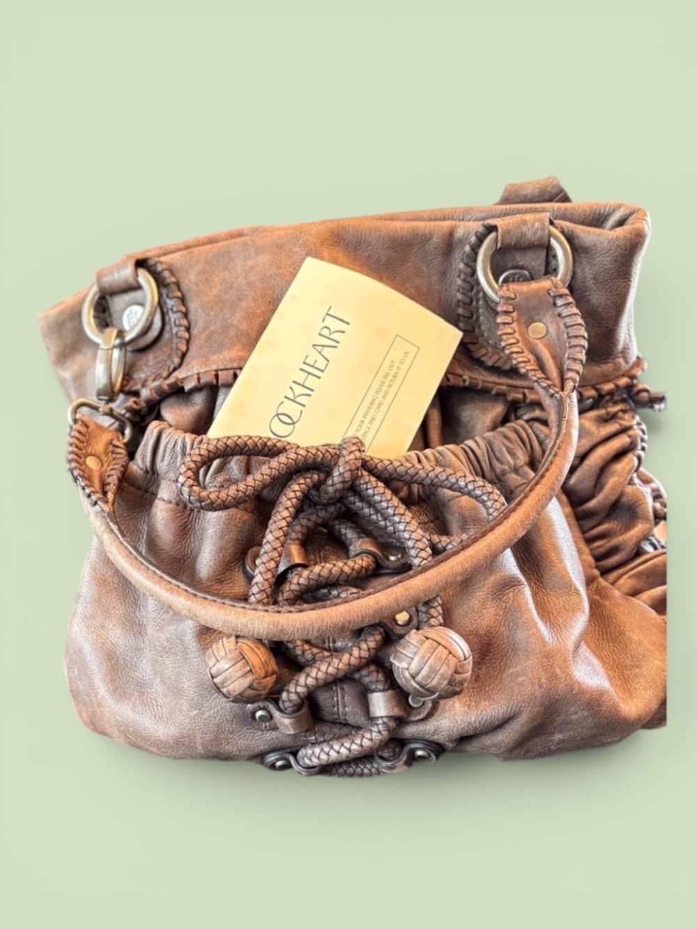 Vintage Lockheart Leather Drawstring Satchel Bag with Dust Bag & Card
